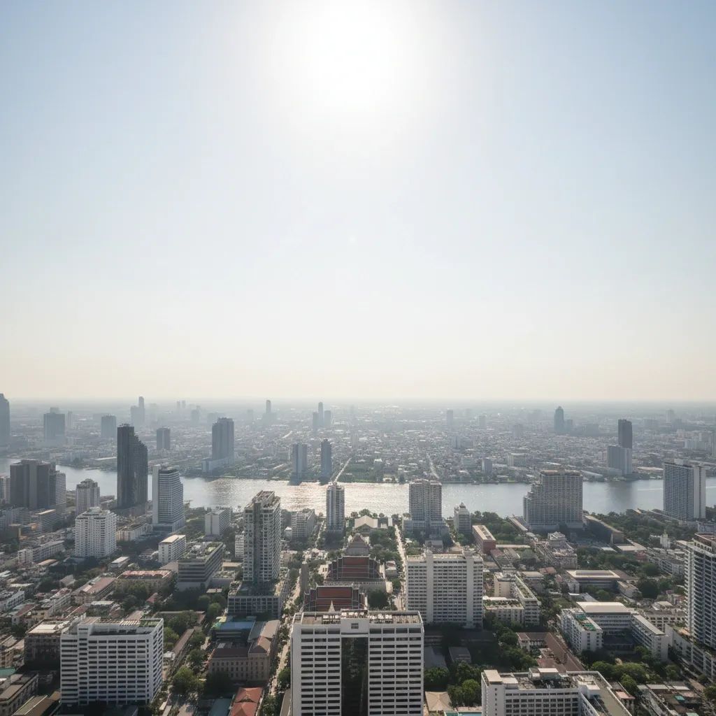 Heat-hazy Bangkok skyline shimmering under a harsh midday sun during Thailand’s peak heatwave