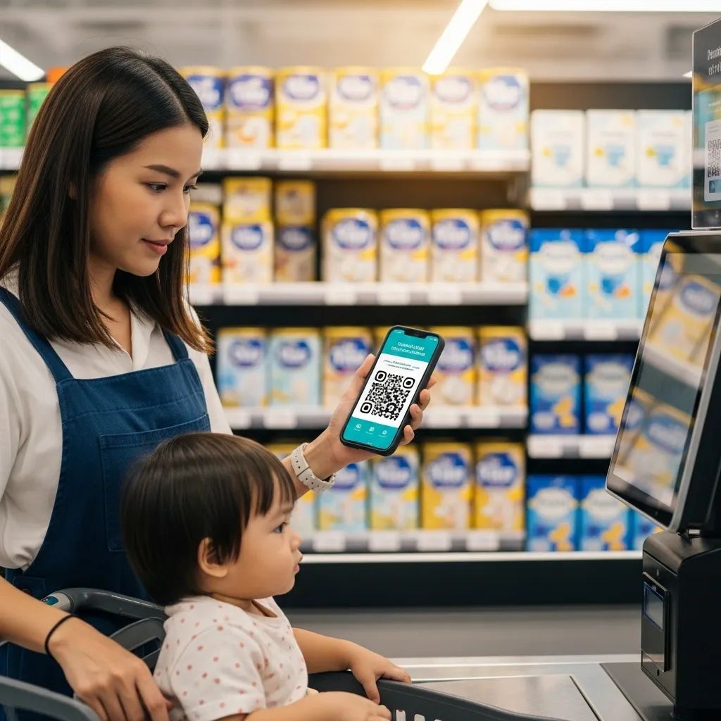 Thai mother and toddler scanning a digital childcare voucher on a smartphone at a supermarket checkout