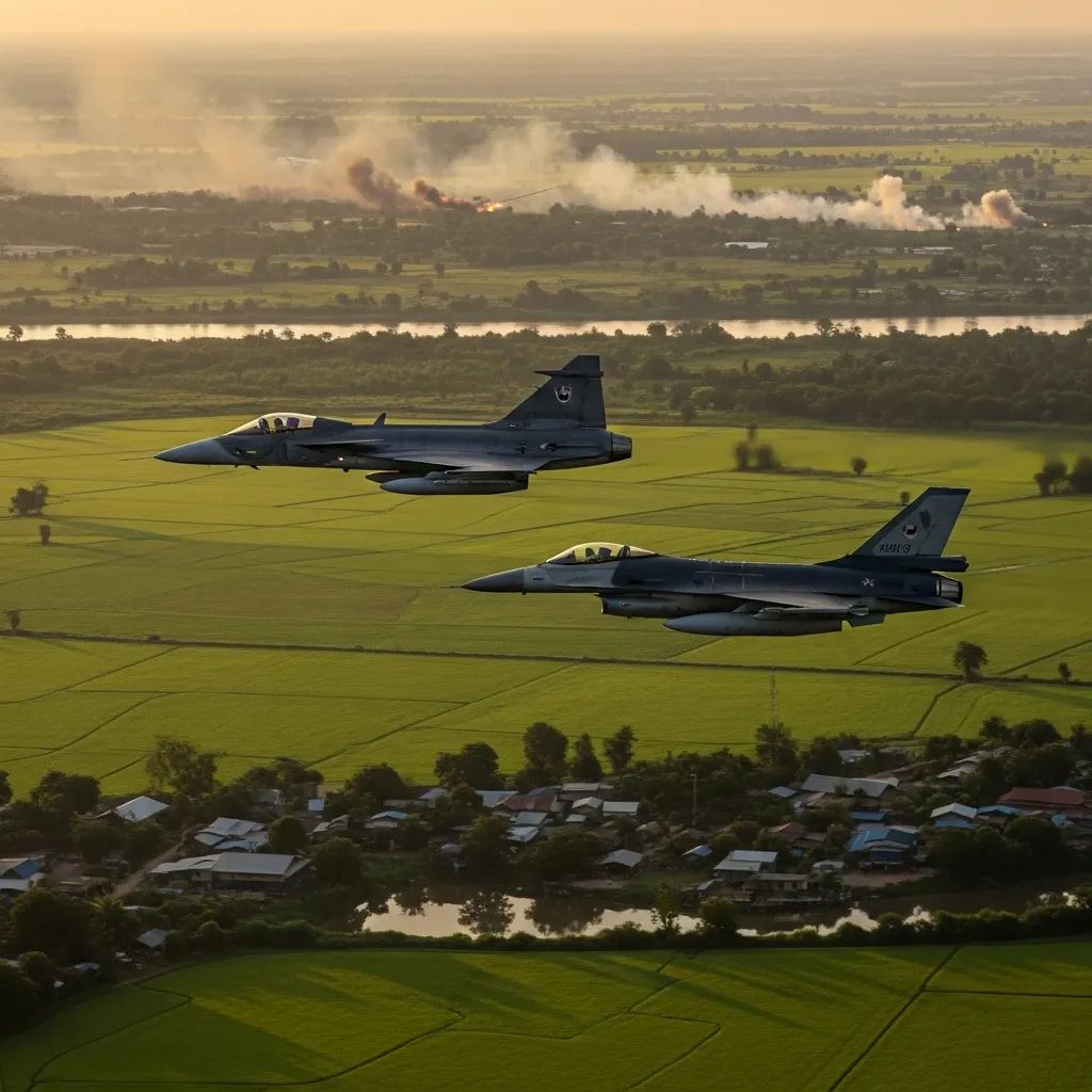 Thai fighter jets flying over rice paddies near the Thailand-Cambodia border with distant explosions