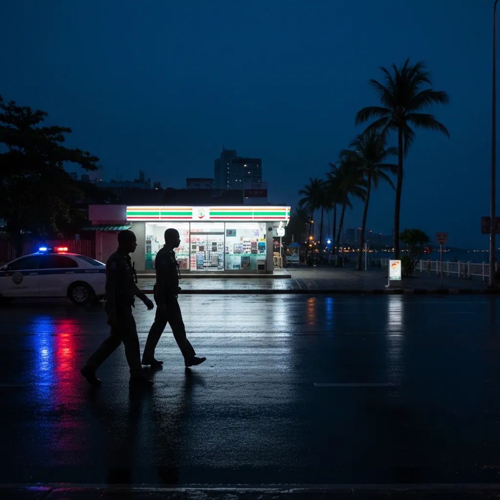 Thai police officers patrol Jomtien Beach Road at night near a convenience store, emergency lights reflecting on wet pavement