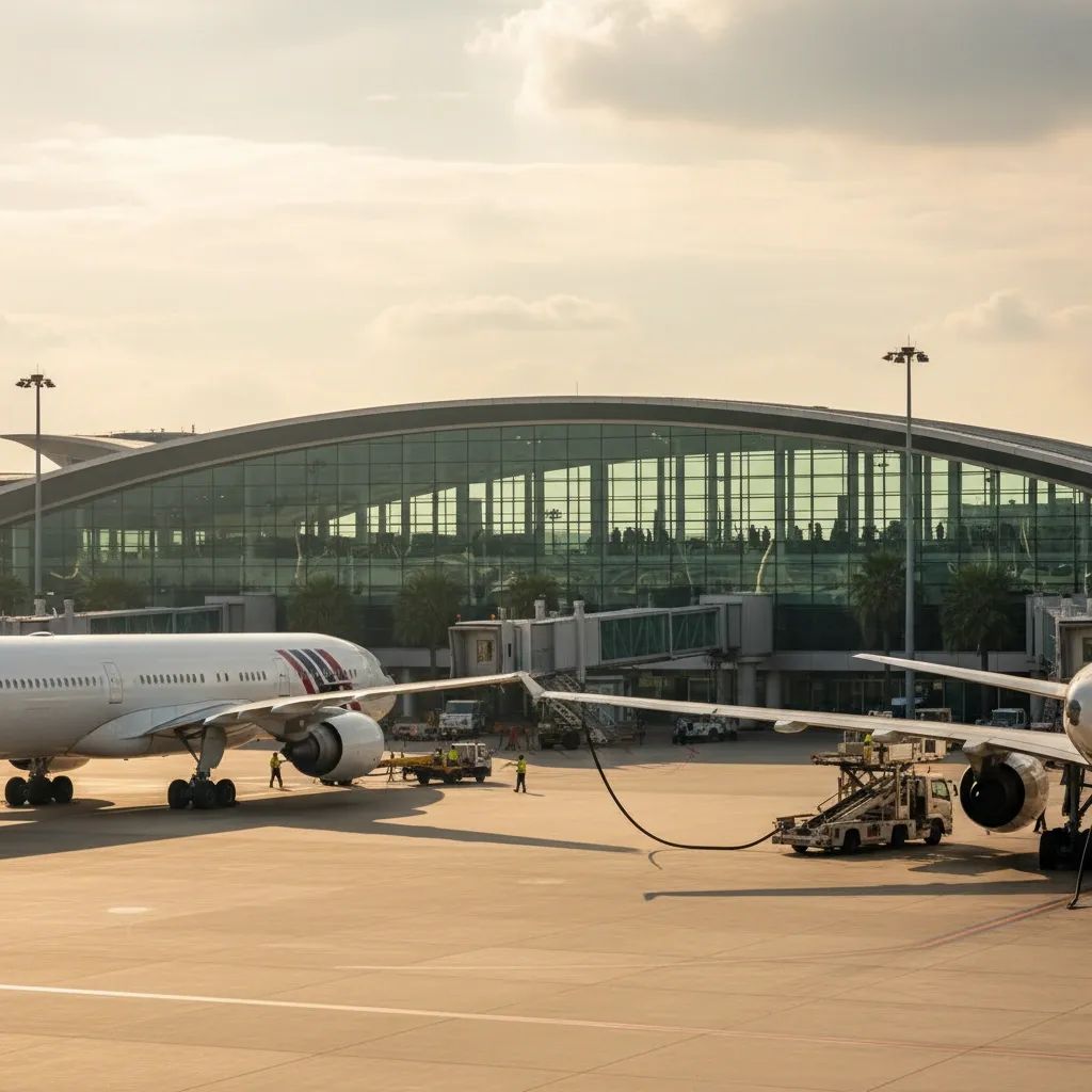 Bangkok airport with refueling trucks servicing aircraft during operational activity