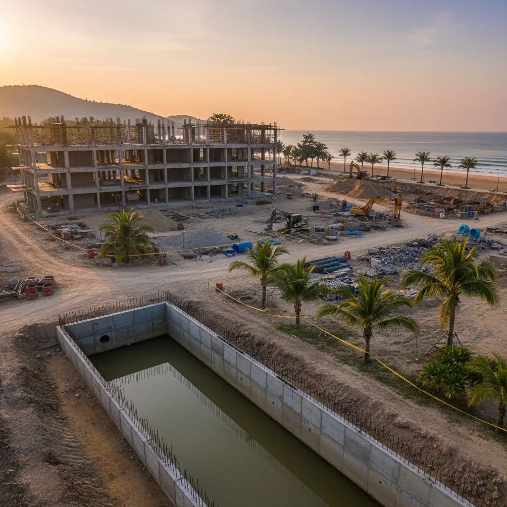 Phuket resort construction site showing drainage canal and unfinished infrastructure near hotel