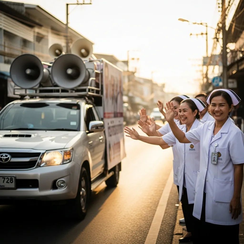 Campaign vehicle with loudspeakers passing white-coated hospital staff on a street in southern Thailand