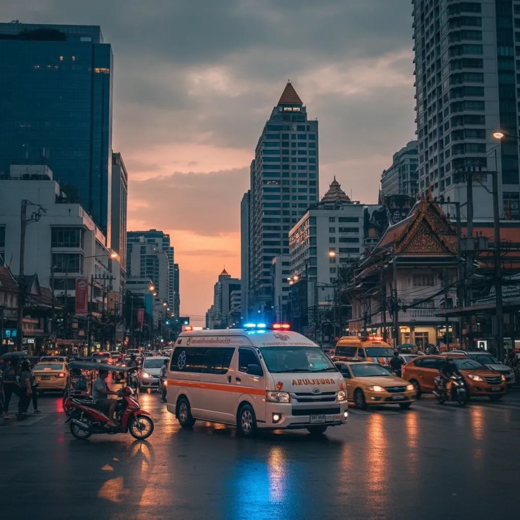 Thai ambulance with emergency lights on congested Bangkok street intersection during evening traffic