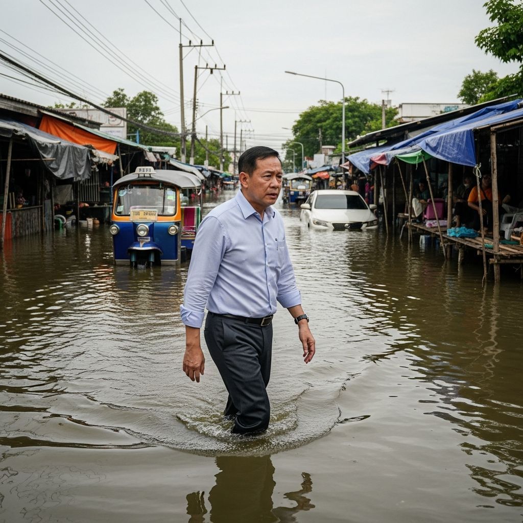 Government official walking through knee-deep floodwaters on a Thai city street
