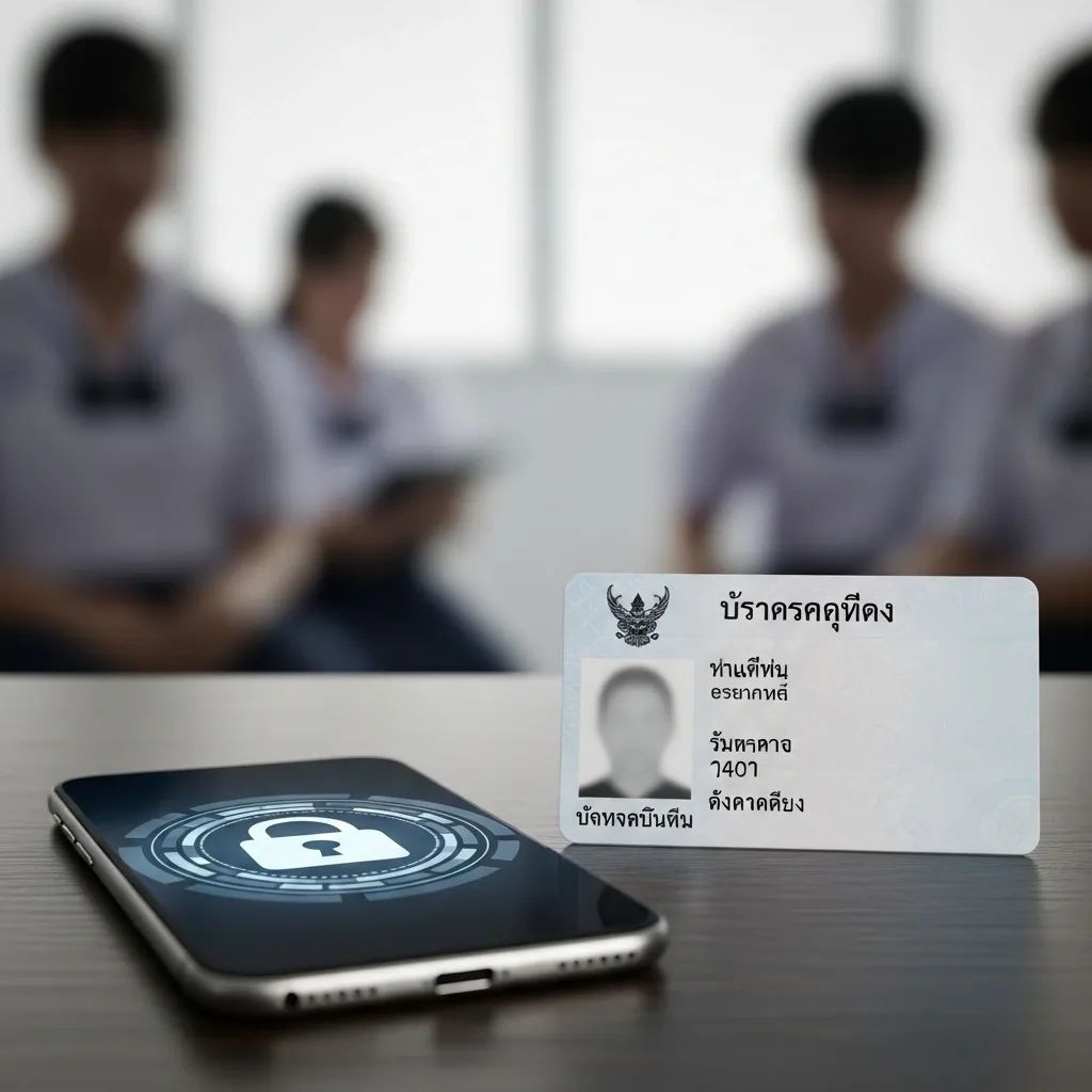 Smartphone with a digital padlock icon and Thai e-ID card on desk with blurred schoolchildren in background