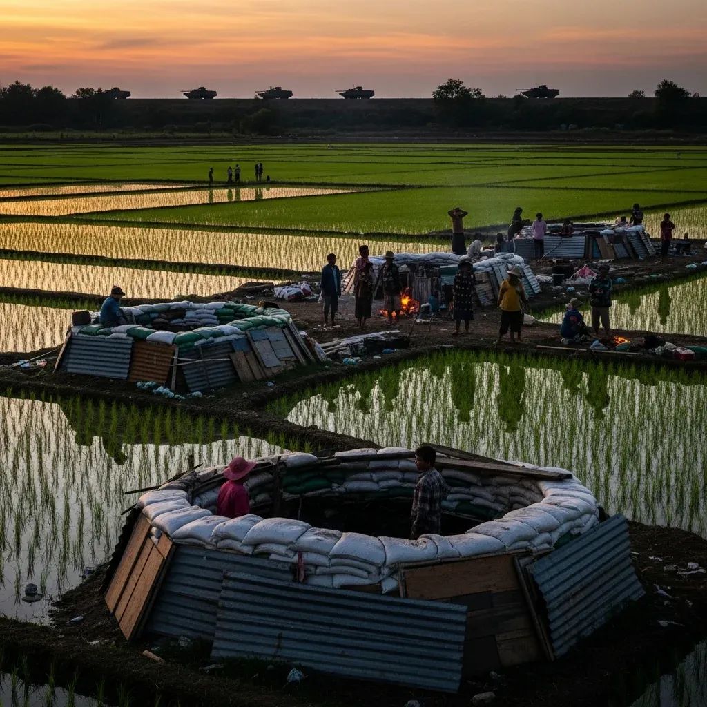 Villagers standing by rice paddies at dusk in rural Isaan awaiting ASEAN-monitored ceasefire