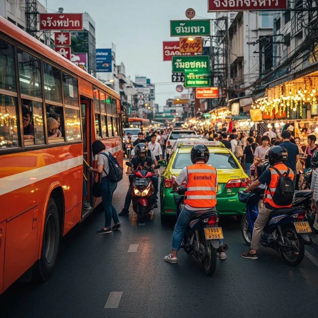 Commuters and motorcycle taxi riders forming a barrier on Sukhumvit sidewalk to contain a knife-wielding woman