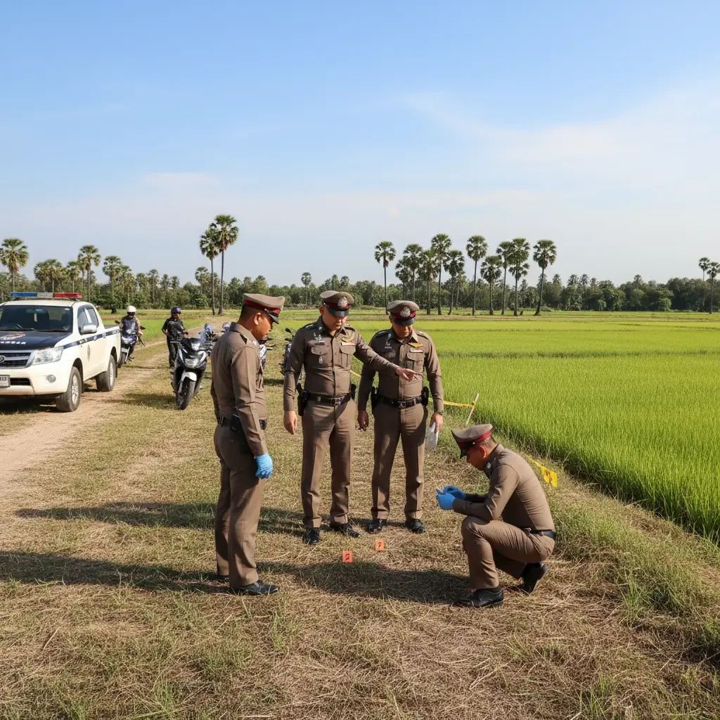 Thai police investigating crime scene in rural agricultural area with palm trees and coconut groves
