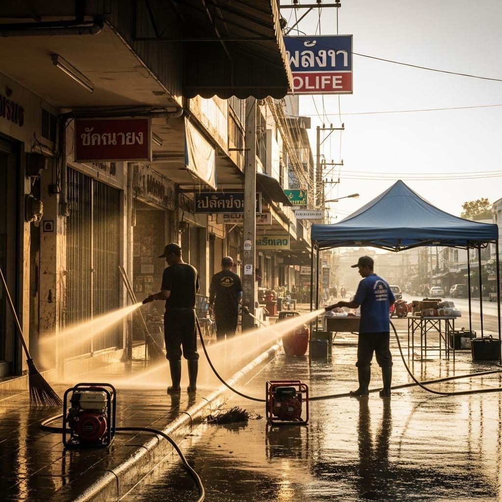 Workers cleaning receding floodwaters in a Hat Yai street with relief tent in background