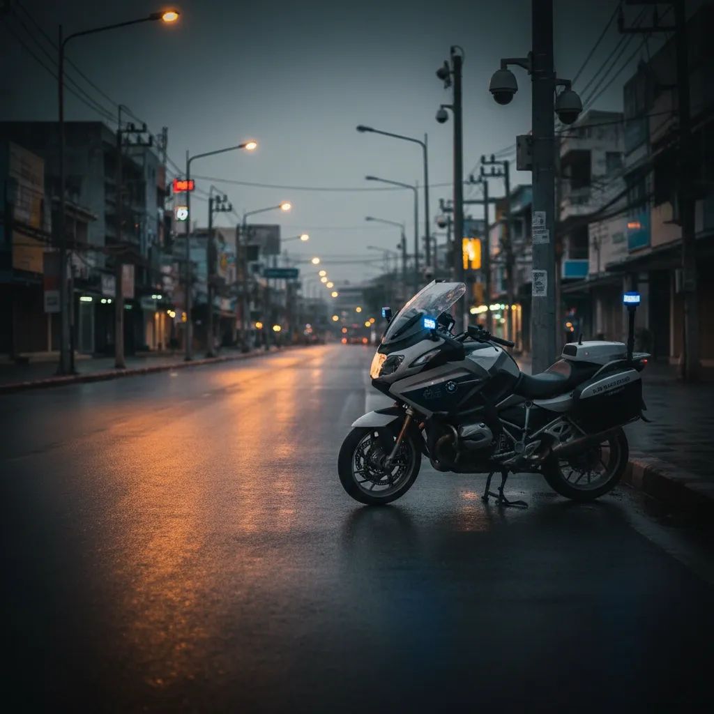 Police patrol motorcycle on a dimly lit Pattaya street with CCTV cameras overhead