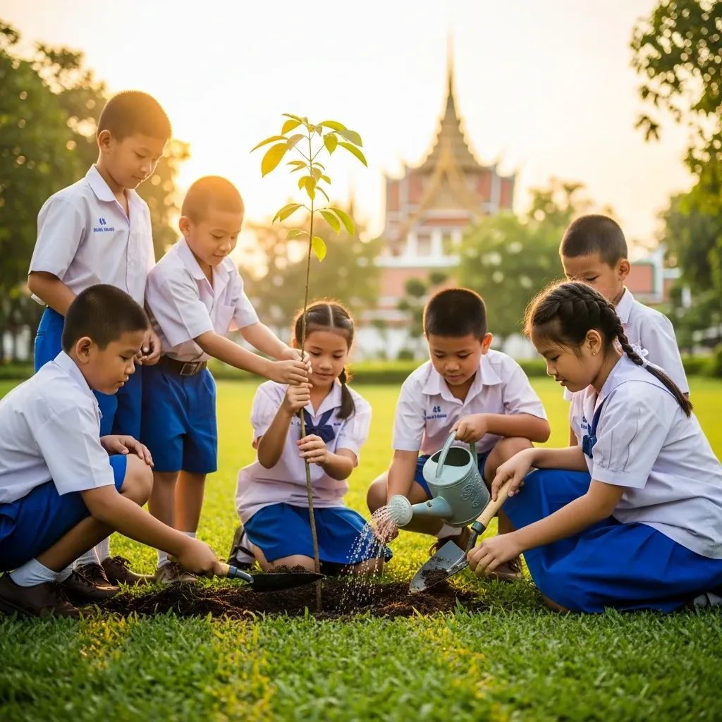 Thai schoolchildren planting a tree sapling in a park with temple silhouette in background