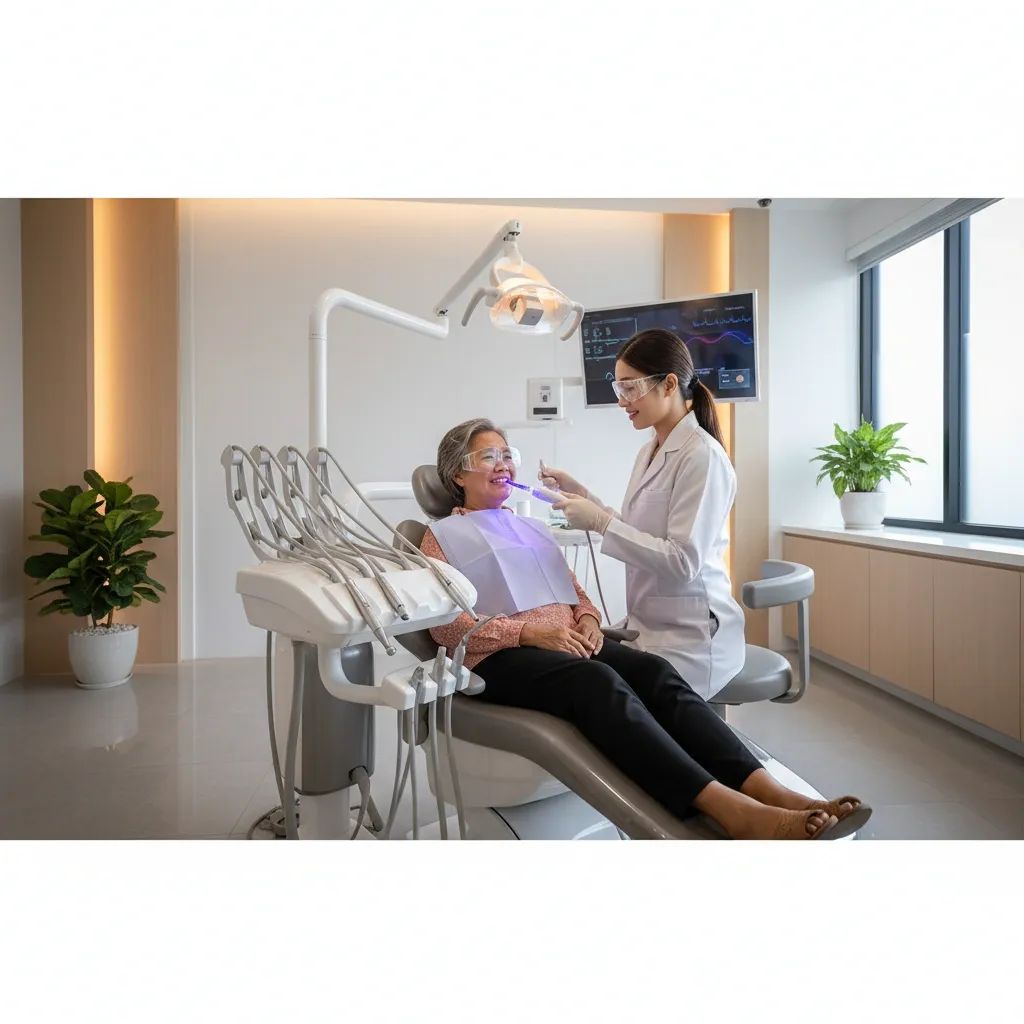 Elderly patient receiving LED light therapy treatment in modern Thai dental clinic setting