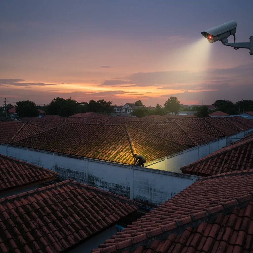 Silhouette of a person climbing a terracotta rooftop under a motion-activated floodlight in a Thai suburb