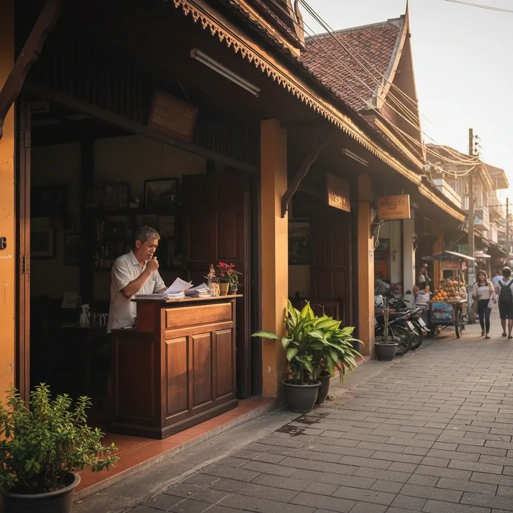 Thai tourism business owner reviewing financial documents at small guesthouse or local restaurant