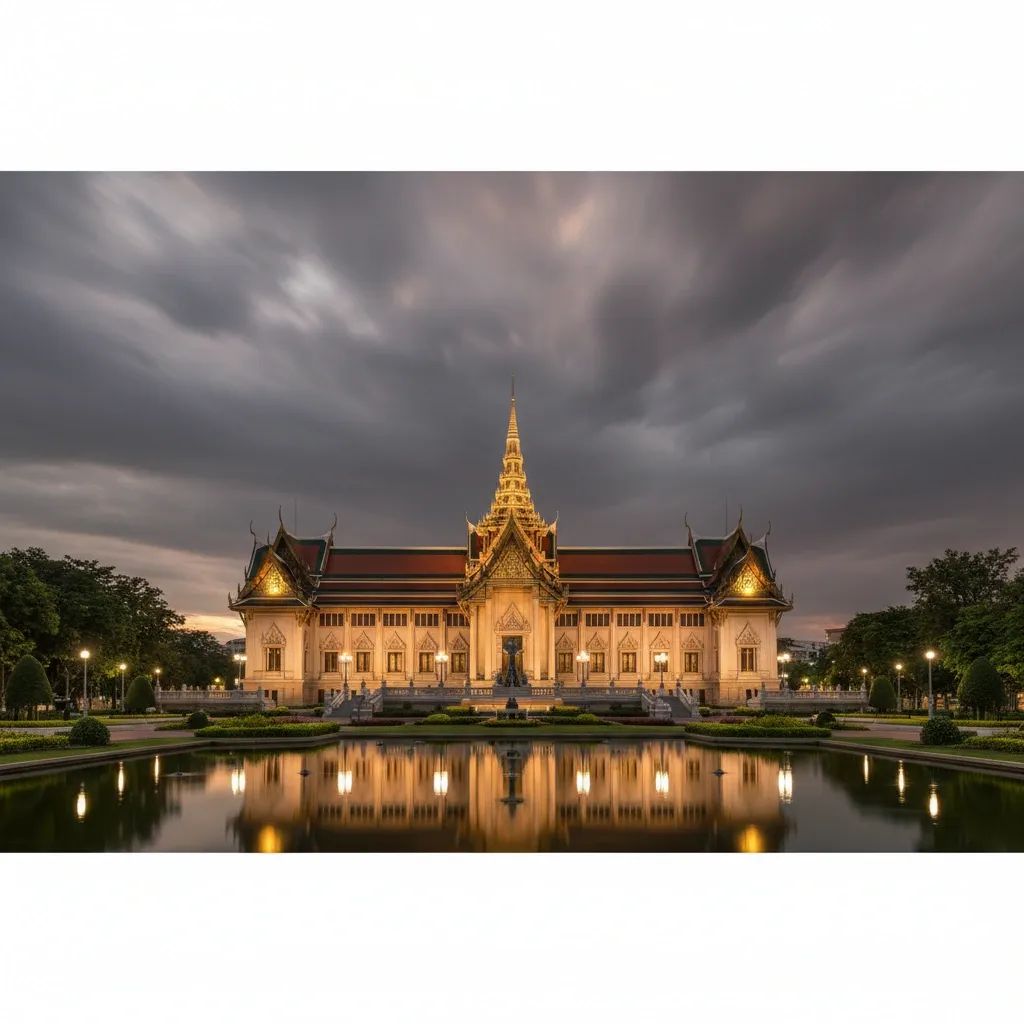 Wide shot of Thai parliamentary complex at dusk symbolising coalition talks and delayed budget vote