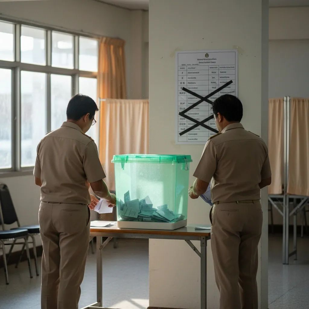 Thai election staff set up ballot box as candidate list with crossed-out names hangs in background