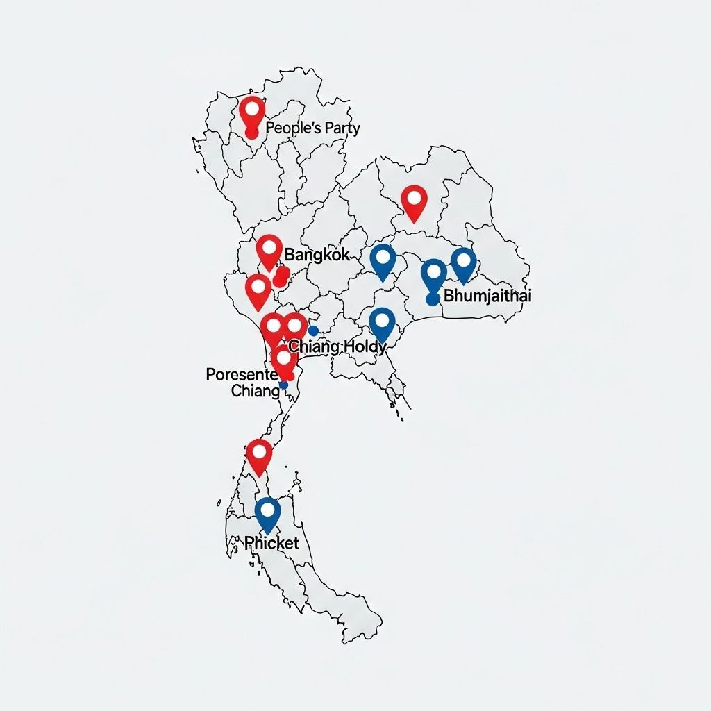 Infographic map of Thailand with red and blue pins marking urban and rural voting strongholds for two parties