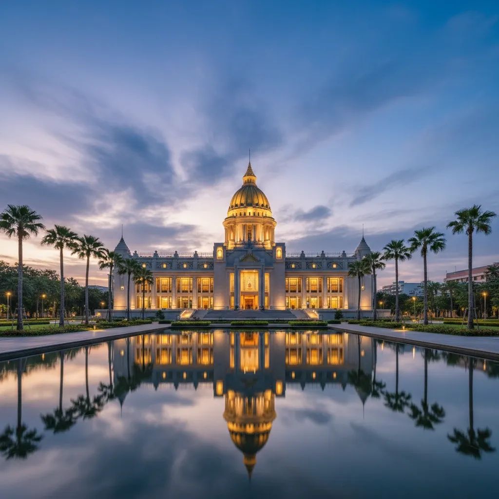 Wide-angle evening view of Thailand’s Parliament building, representing stable coalition and on-time national budget