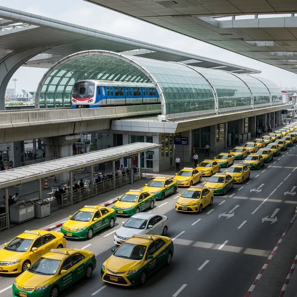 Yellow taxis lined up at Suvarnabhumi Airport curbside with Airport Rail Link train arriving in background