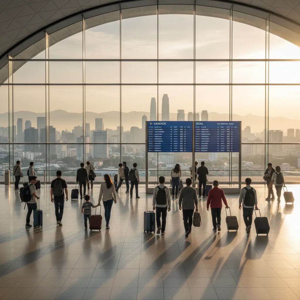 Airport terminal showing travelers heading toward departure gates with Bangkok and Seoul routes displayed