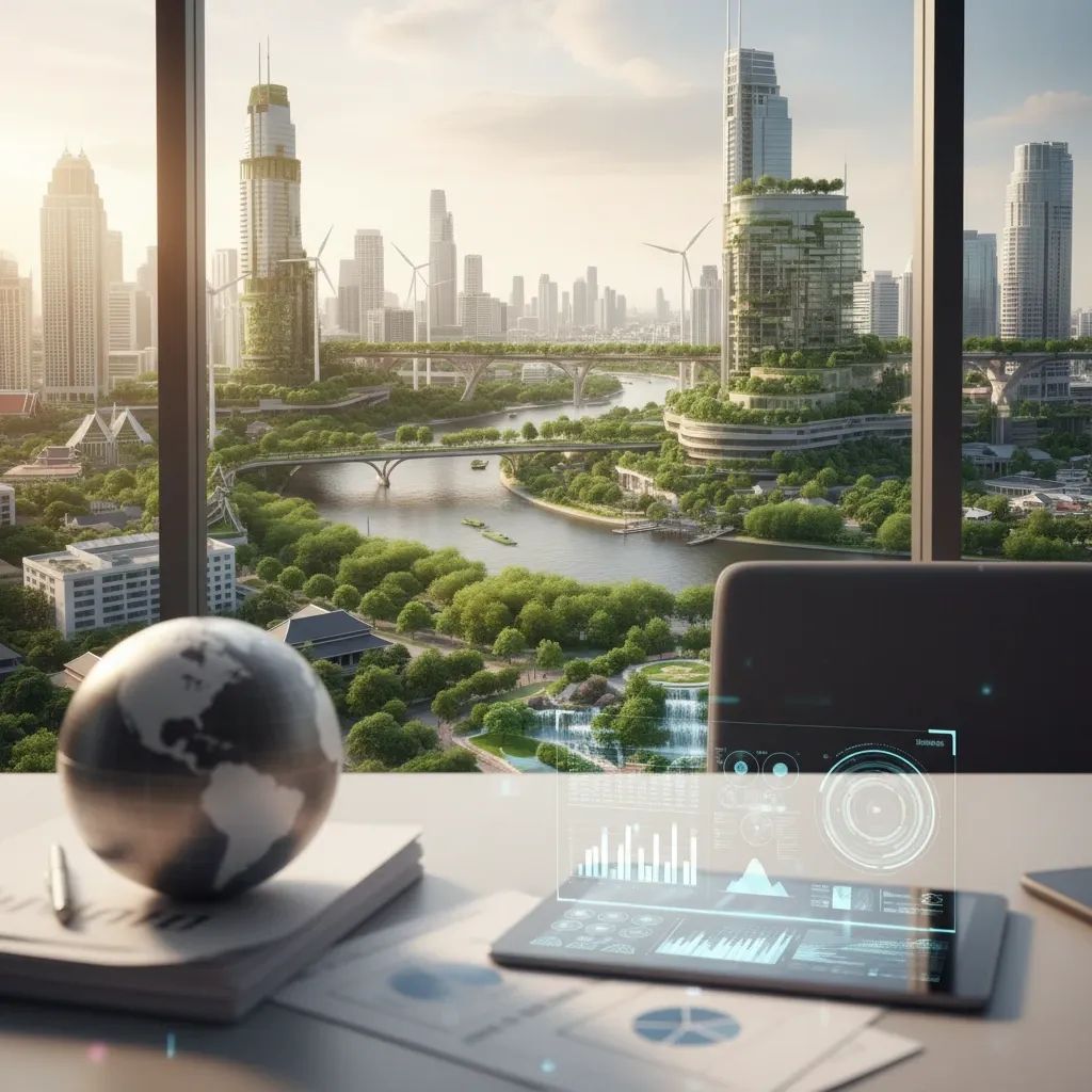 Modern Bangkok skyline with green infrastructure, sustainable urban development, and renewable energy elements representing Thailand's economic growth strategy