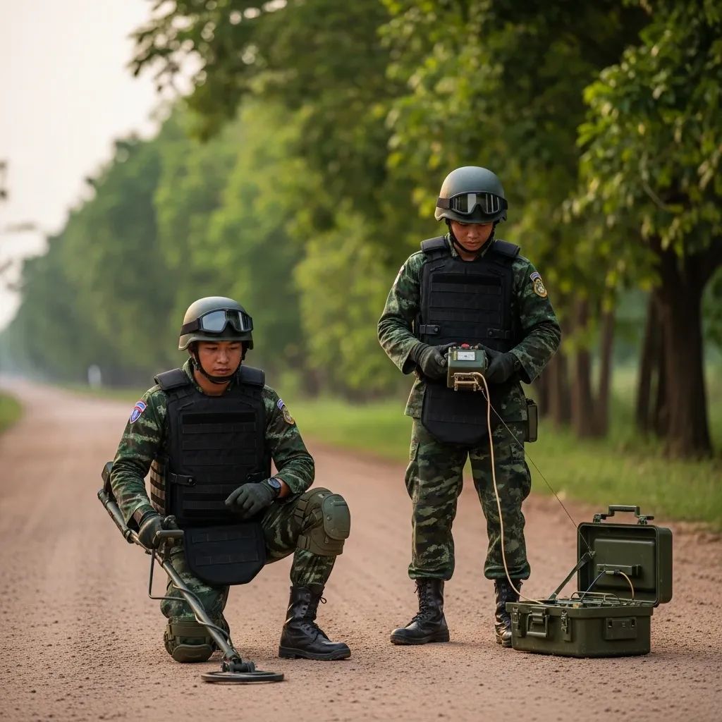 Thai combat engineers using metal detectors on a rural border road in Sa Kaeo province