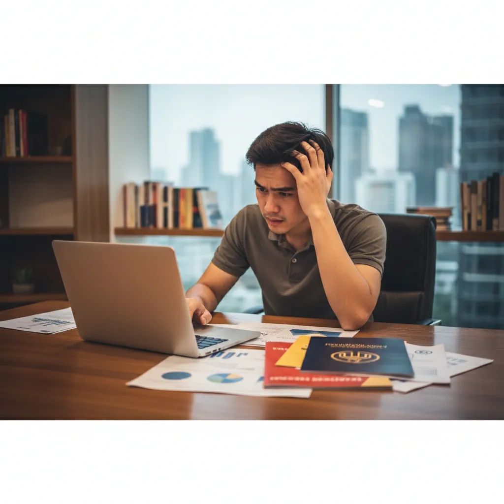 Student reviewing documents with concerned expression regarding study abroad consultancy issues