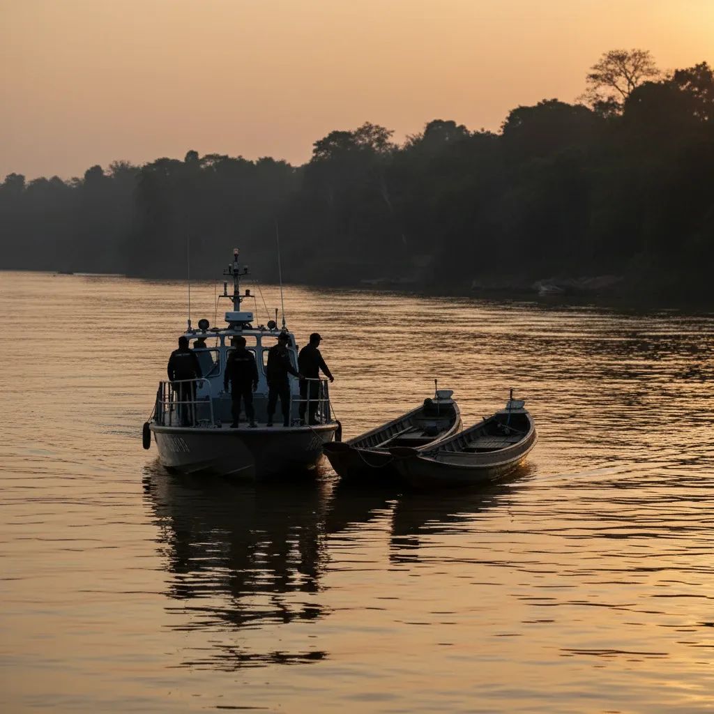Navy patrol boat inspecting vessels on the Mekong River at dusk near the Thai border