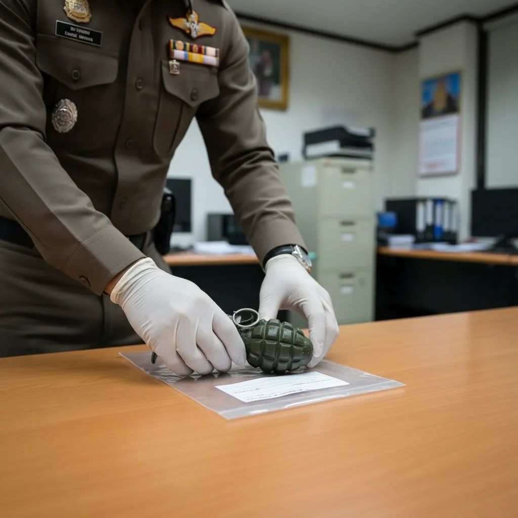Thai police officer places seized fragmentation grenade into evidence bag after Buriram raid