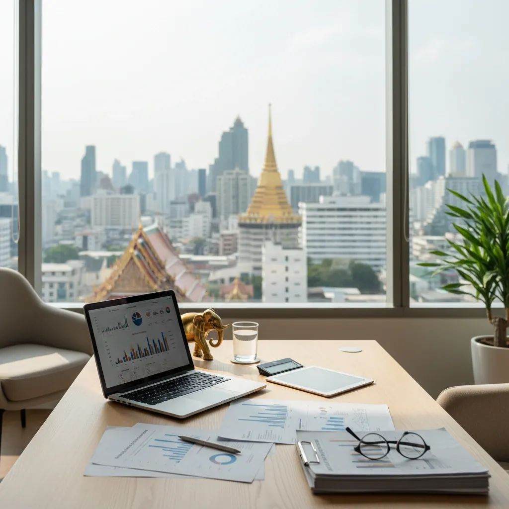 Wealth management office with Thai architectural backdrop showing investment and trust framework elements