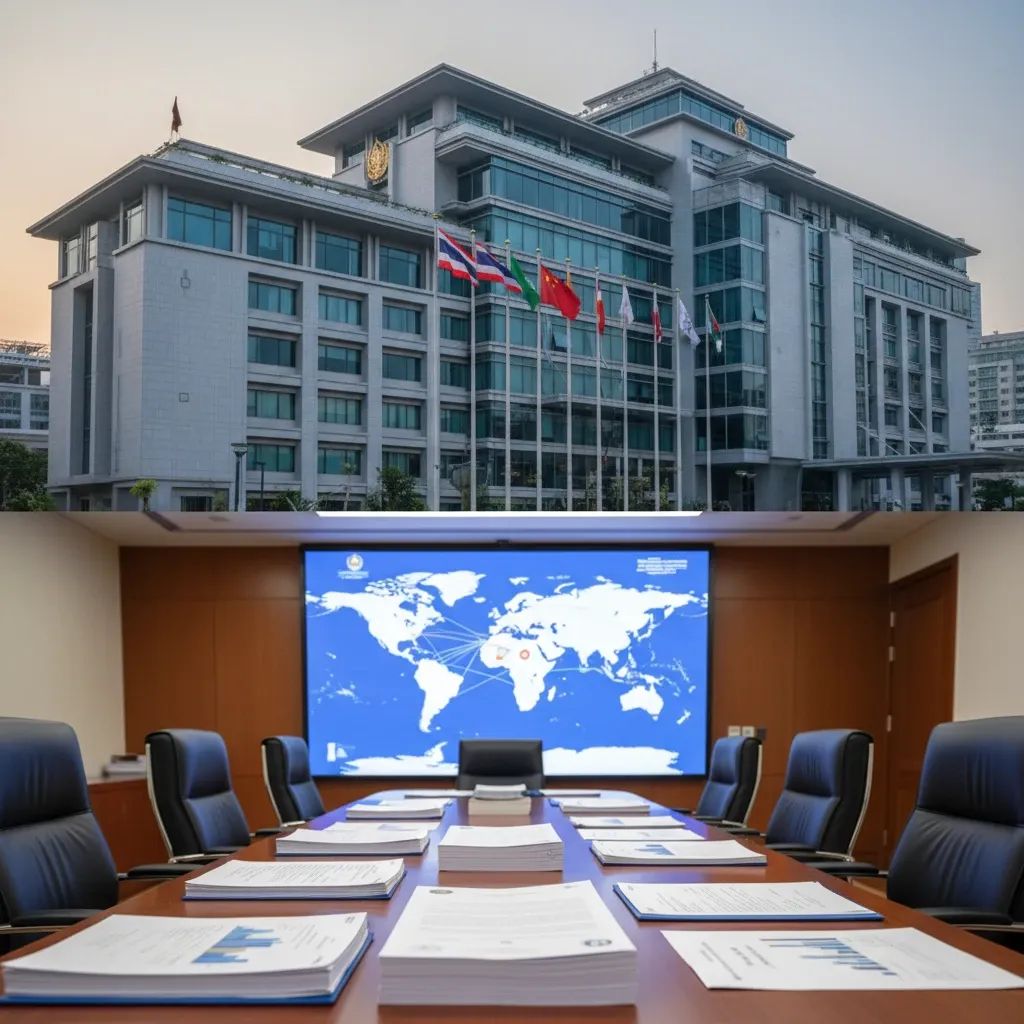 Diplomatic meeting room with Asian trade map and official documents representing Thailand's new foreign policy initiative