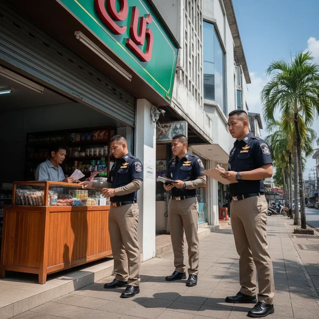 Thai law enforcement officials conducting a compliance raid on a convenience store in Chiang Rai province
