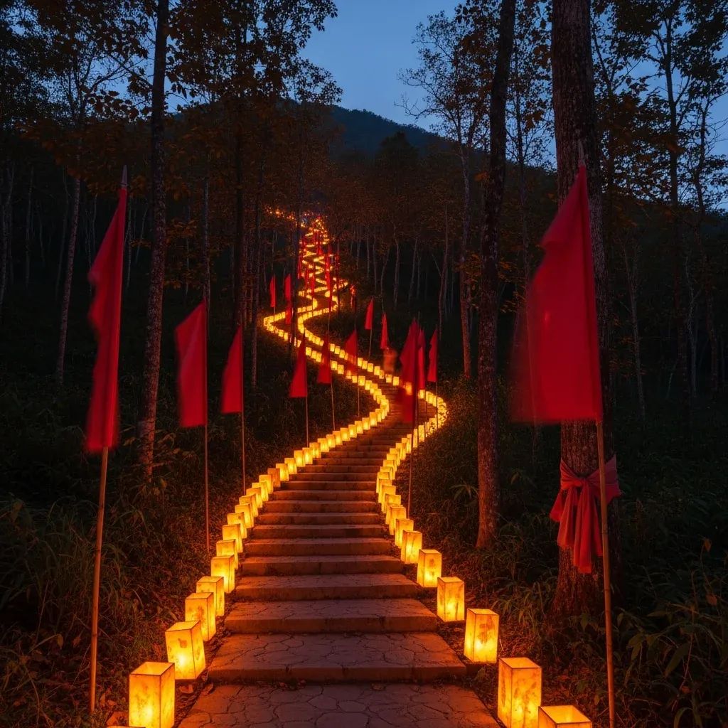 Lantern procession ascending a forested mountain trail under twilight sky in Thailand