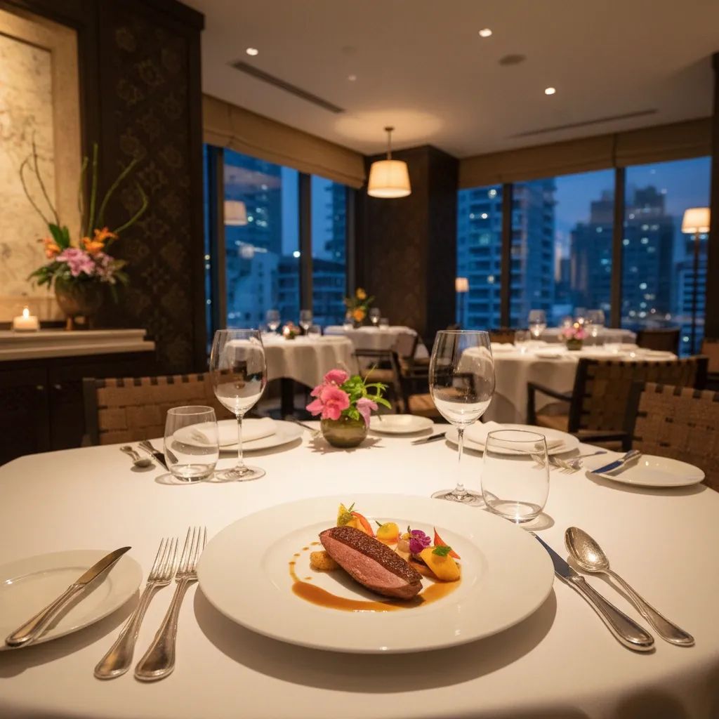 Elegant Bangkok fine-dining table with gourmet dish and warm lighting, illustrating Thailand’s Michelin surge