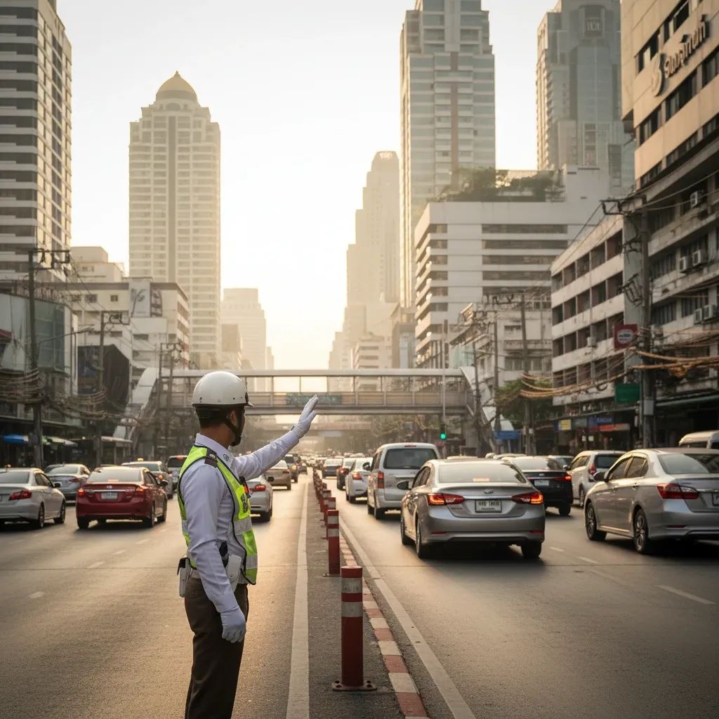 Thai traffic officer checks vehicles at Bangkok roadside amid light smog during new warning-before-fine campaign