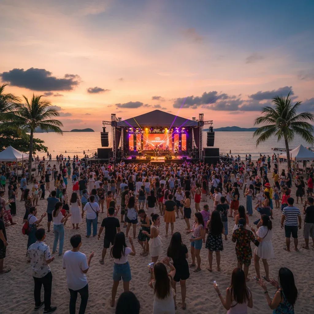 Concert stage with crowd at Pattaya beach during evening music festival performance