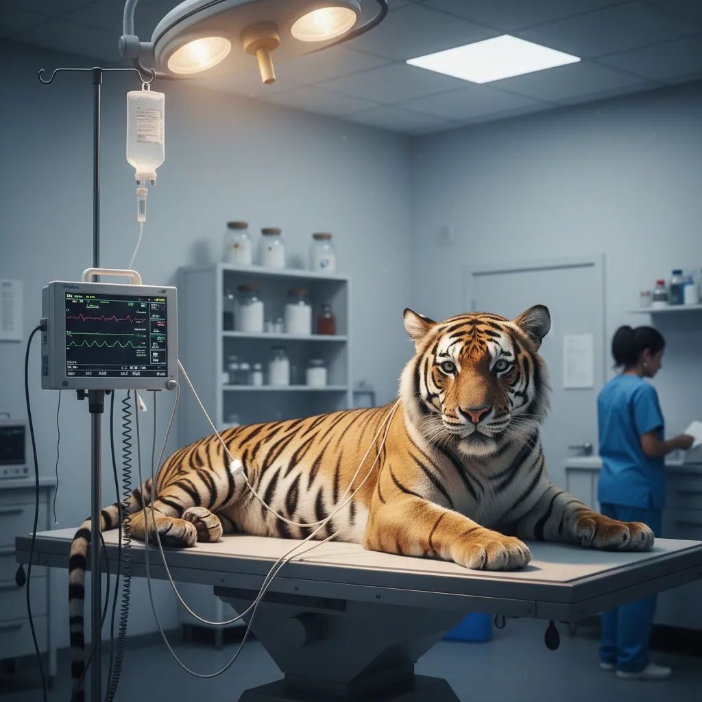 Tiger in quarantine medical monitoring facility highlighting animal welfare and disease prevention protocols