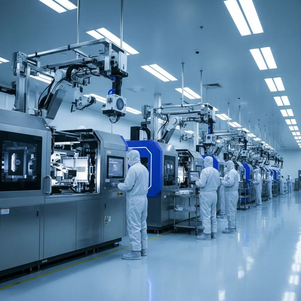 Workers in cleanroom gear managing advanced semiconductor manufacturing equipment in factory setting