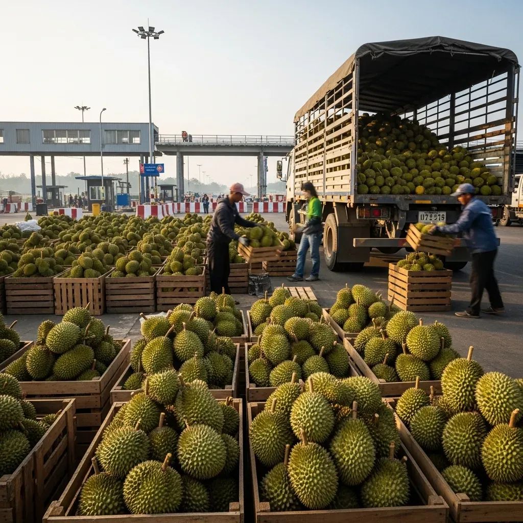 Cargo truck and market stalls loaded with durian crates at a Thailand–Cambodia border crossing