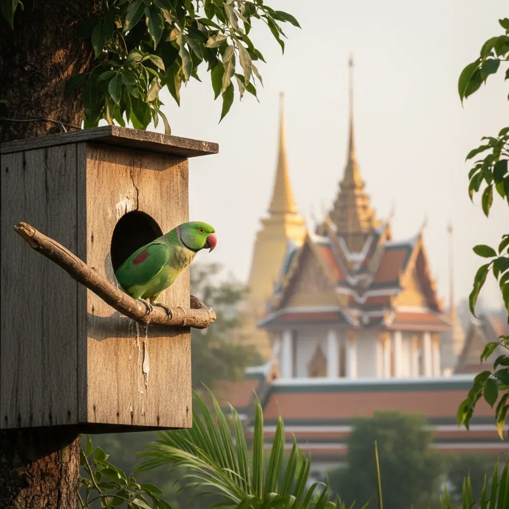 Alexandrine parakeet in wooden nest box at Thai temple sanctuary with morning light and greenery