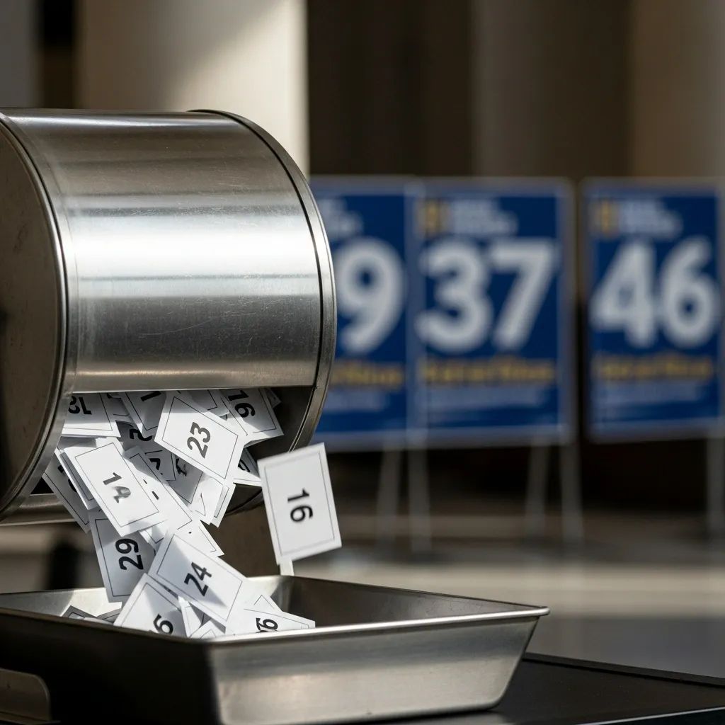 Metal lottery drum dispensing numbered ballot slips at Thai election draw