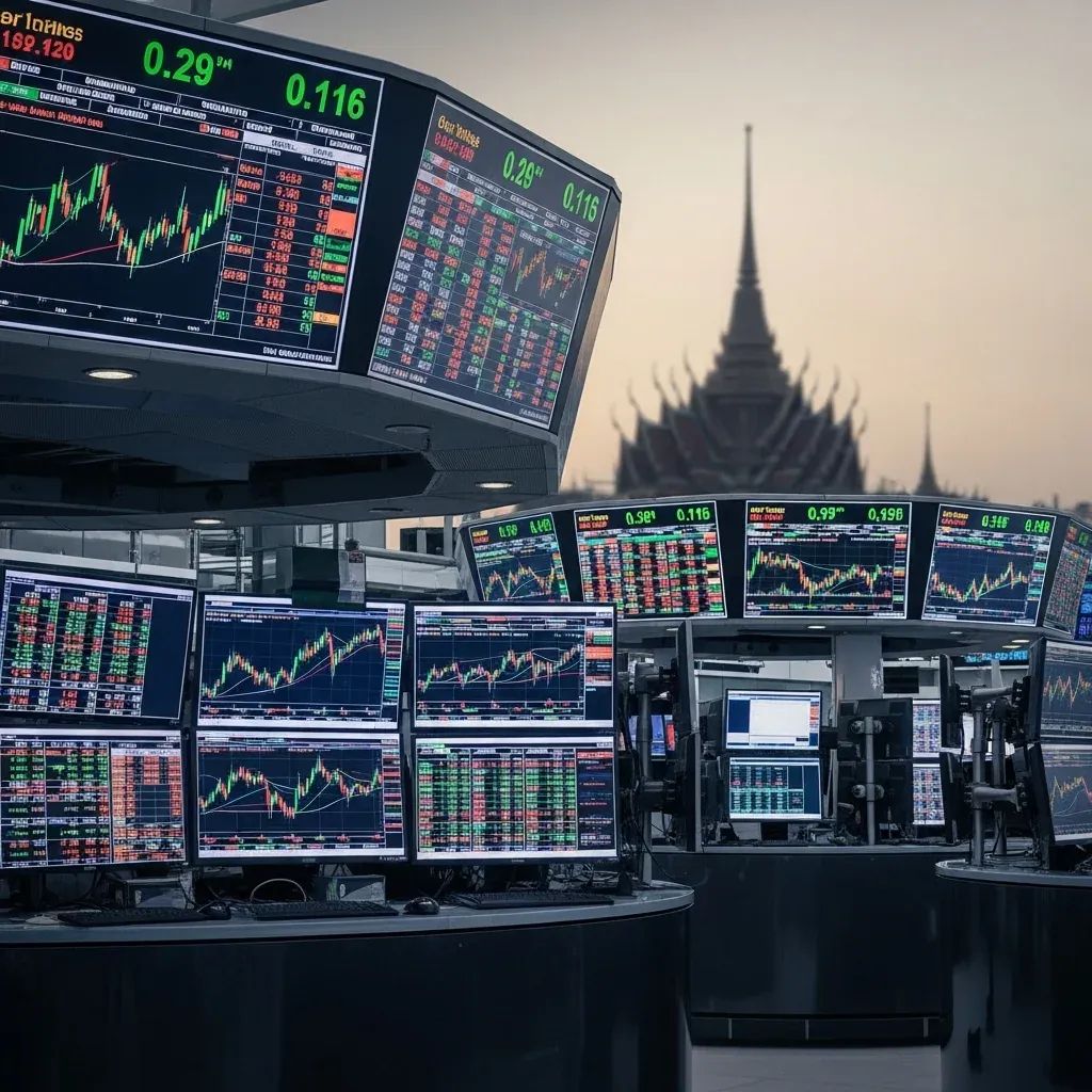 Modern stock trading floor with digital tickers and Thai temple silhouette in the background