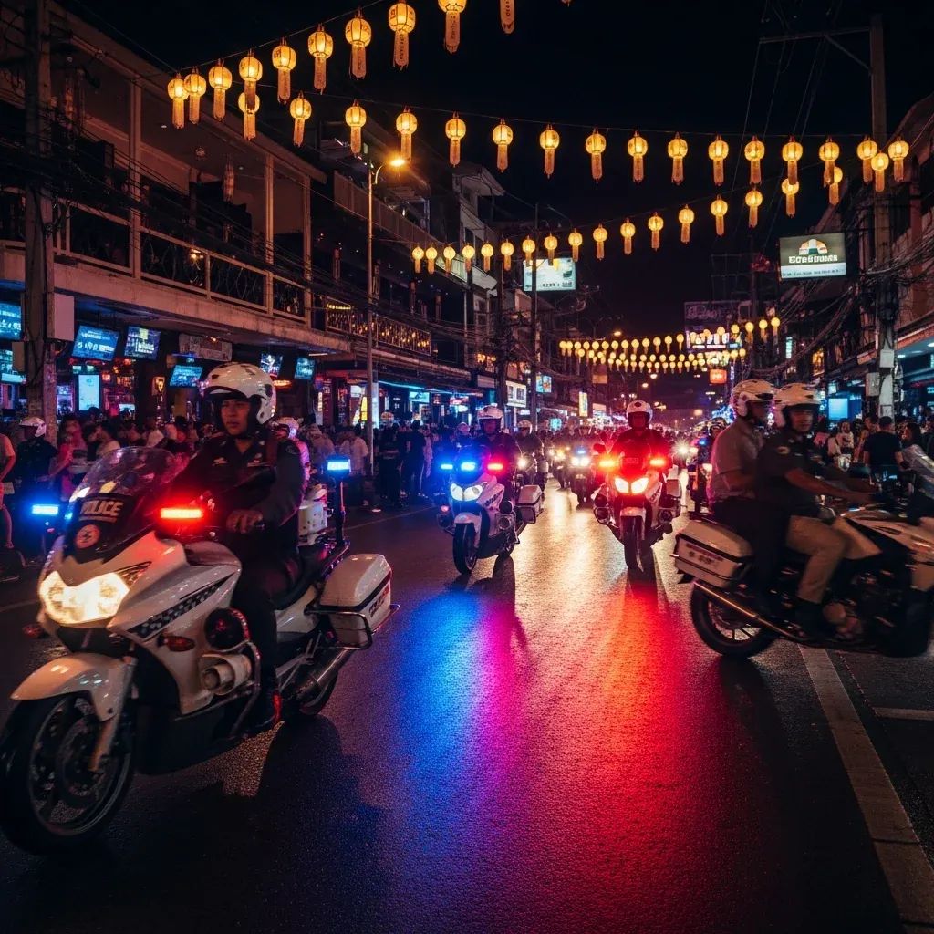 Police motorcycle patrols ride past illuminated bars on Bangla Road in Patong at night