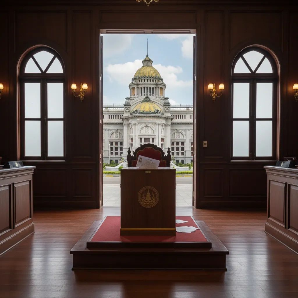 Thai government courtroom building with voting materials, representing election commission legal crisis