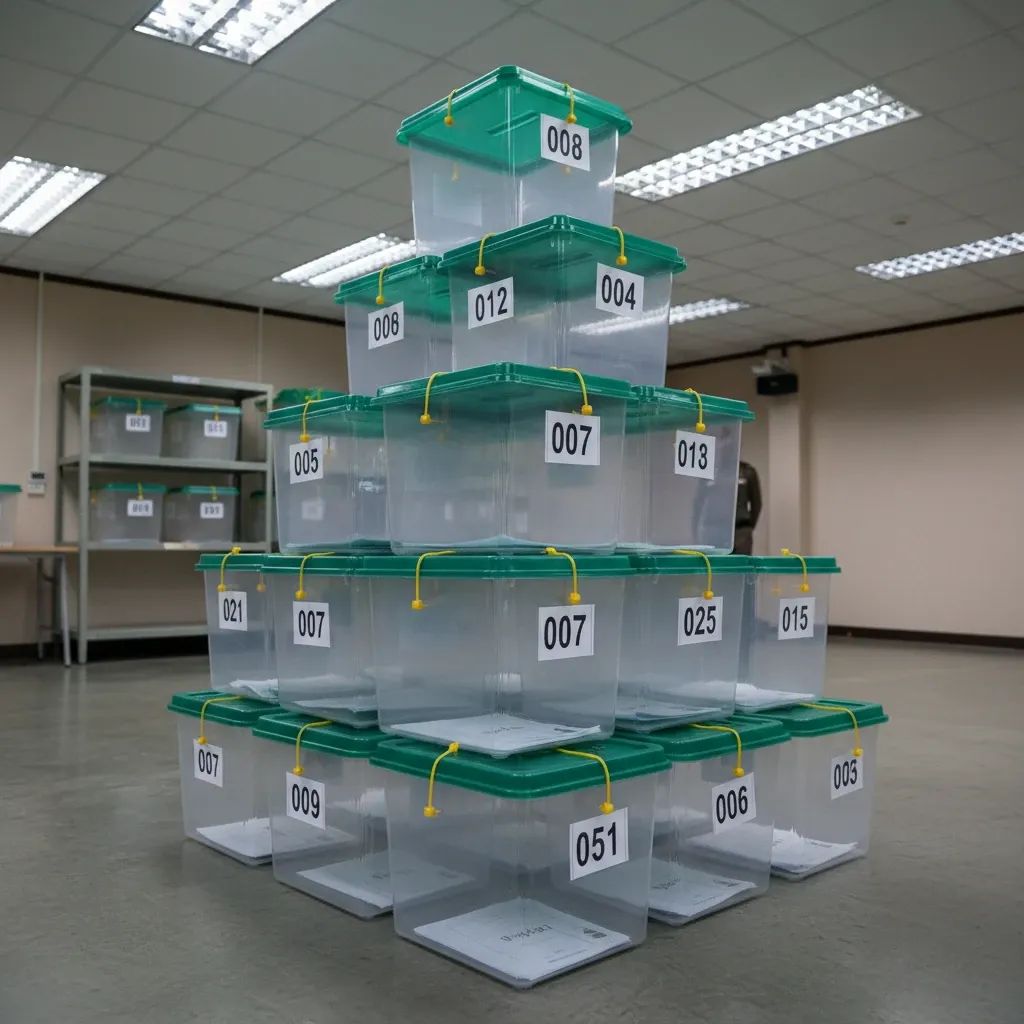 Sealed ballot boxes with numbered cable ties stored in Chon Buri district office after EC probe