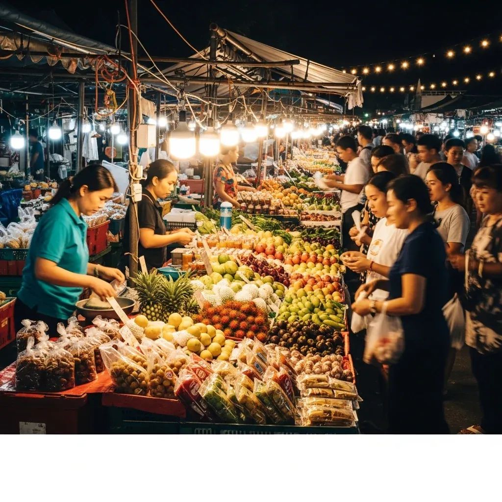 Night market in Narathiwat bustling with glowing stalls and shoppers after curfew lift