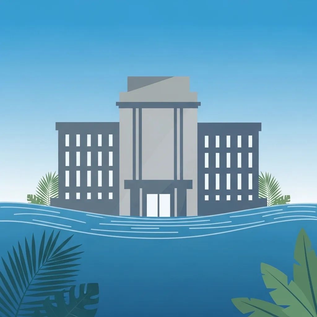 Government building partially submerged in floodwaters symbolizing Thai flood aid dispute