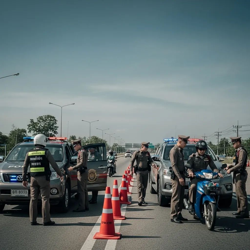 Thai police conducting a roadside traffic checkpoint with cars and motorcycles