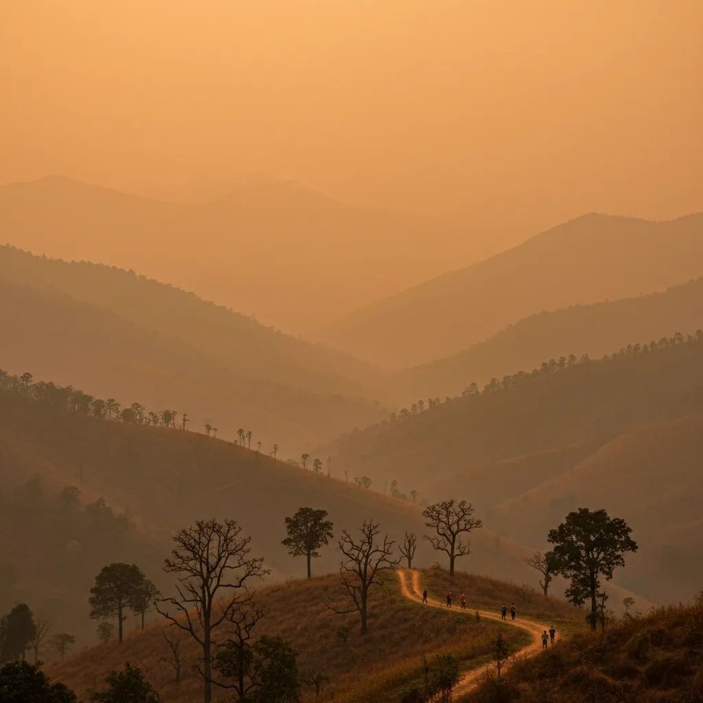 Hazy mountain valley in northern Thailand obscured by orange smog and low visibility air pollution